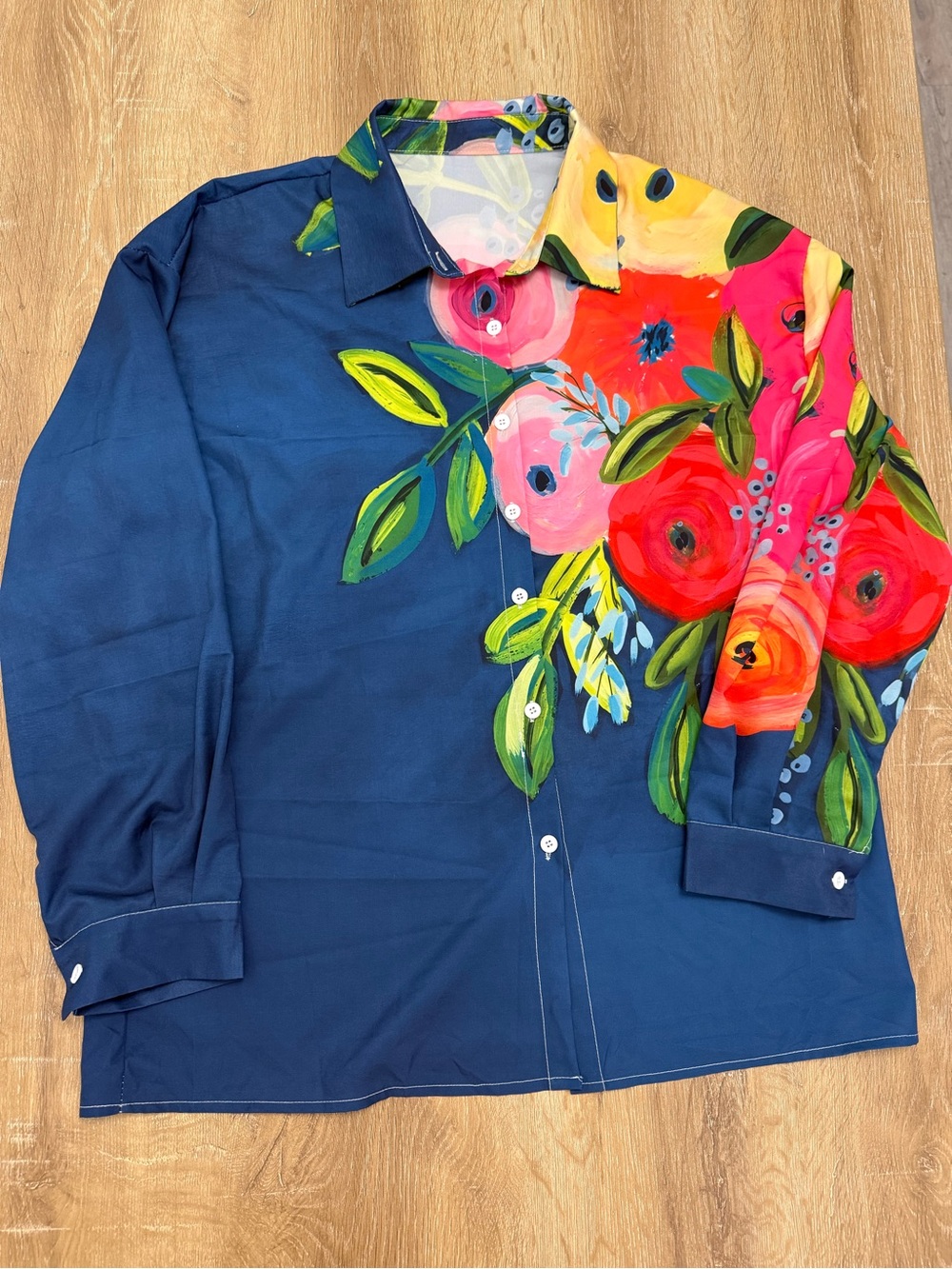 Navy Floral-Accent Button-Down Blouse